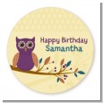 Retro Owl - Round Personalized Birthday Party Sticker Labels thumbnail