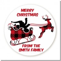 Santa Sleigh Red Plaid - Round Personalized Christmas Sticker Labels