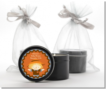 Scarecrow Fall Theme - Baby Shower Black Candle Tin Favors