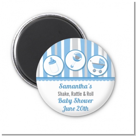 Shake, Rattle & Roll Blue - Personalized Baby Shower Magnet Favors