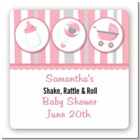Shake, Rattle & Roll Pink - Square Personalized Baby Shower Sticker Labels