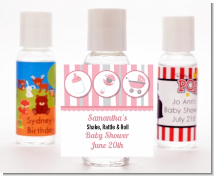 Shake, Rattle & Roll Pink - Personalized Baby Shower Hand Sanitizers Favors