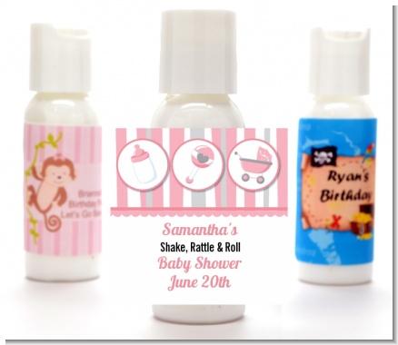 Shake, Rattle & Roll Pink - Personalized Baby Shower Lotion Favors