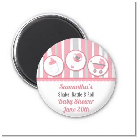 Shake, Rattle & Roll Pink - Personalized Baby Shower Magnet Favors