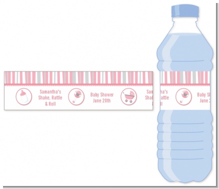 Shake, Rattle & Roll Pink - Personalized Baby Shower Water Bottle Labels