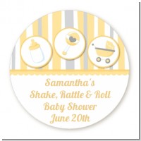 Shake, Rattle & Roll Yellow - Round Personalized Baby Shower Sticker Labels