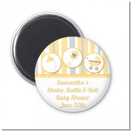 Shake, Rattle & Roll Yellow - Personalized Baby Shower Magnet Favors