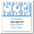 Shake, Rattle & Roll Blue - Square Personalized Baby Shower Sticker Labels thumbnail