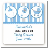 Shake, Rattle & Roll Blue - Square Personalized Baby Shower Sticker Labels