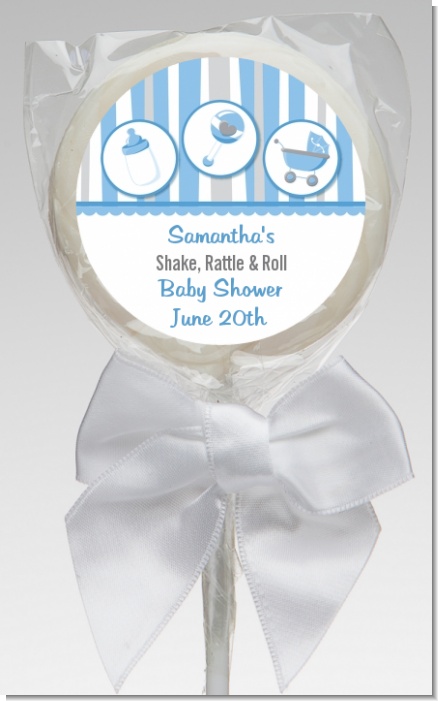 Shake, Rattle & Roll Blue - Personalized Baby Shower Lollipop Favors