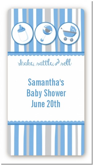 Shake, Rattle & Roll Blue - Custom Rectangle Baby Shower Sticker/Labels