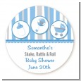 Shake, Rattle & Roll Blue - Round Personalized Baby Shower Sticker Labels thumbnail