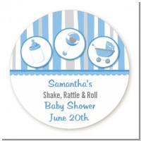 Shake, Rattle & Roll Blue - Round Personalized Baby Shower Sticker Labels