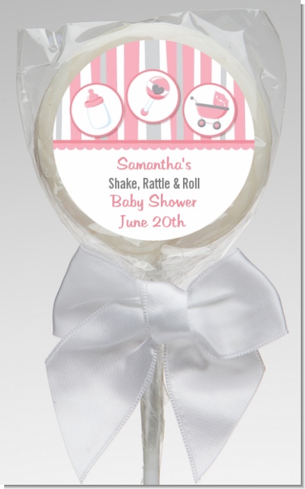Shake, Rattle & Roll Pink - Personalized Baby Shower Lollipop Favors