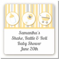 Shake, Rattle & Roll Yellow - Square Personalized Baby Shower Sticker Labels