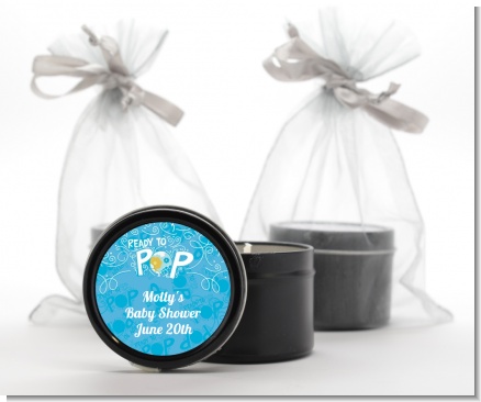 She's Ready To Pop Blue - Baby Shower Black Candle Tin Favors