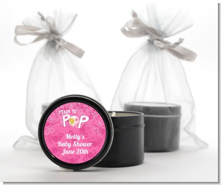 She's Ready To Pop Pink - Baby Shower Black Candle Tin Favors