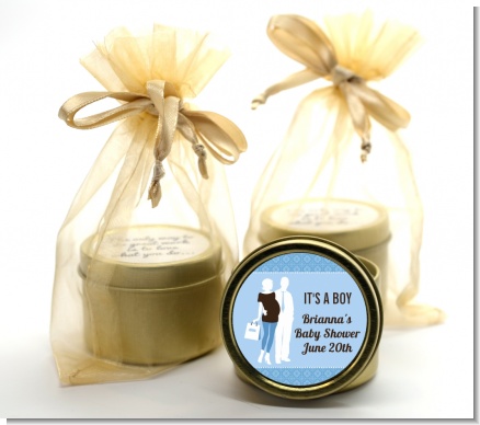Silhouette Couple | It's a Boy - Baby Shower Gold Tin Candle Favors