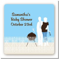 Silhouette Couple BBQ Boy - Square Personalized Baby Shower Sticker Labels