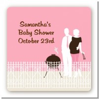 Silhouette Couple BBQ Girl - Square Personalized Baby Shower Sticker Labels