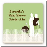 Silhouette Couple BBQ Neutral - Square Personalized Baby Shower Sticker Labels