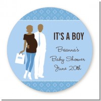 Silhouette Couple African American It's a Boy - Round Personalized Baby Shower Sticker Labels