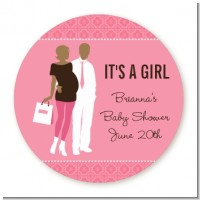 Silhouette Couple African American It's a Girl - Round Personalized Baby Shower Sticker Labels