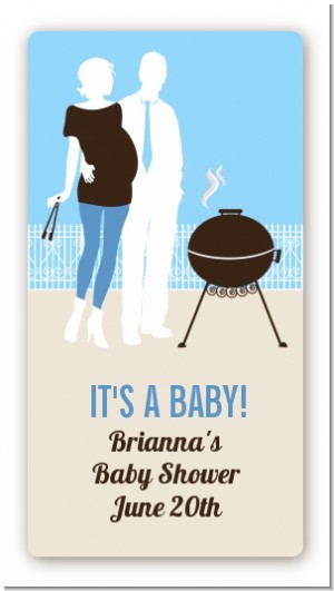 Silhouette Couple BBQ Boy - Custom Rectangle Baby Shower Sticker/Labels
