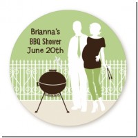 Silhouette Couple BBQ Neutral - Round Personalized Baby Shower Sticker Labels