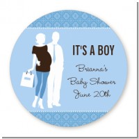 Silhouette Couple | It's a Boy - Round Personalized Baby Shower Sticker Labels