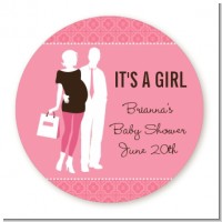 Silhouette Couple | It's a Girl - Round Personalized Baby Shower Sticker Labels