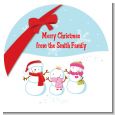 Snowman Family with Snowflakes - Round Personalized Christmas Sticker Labels thumbnail