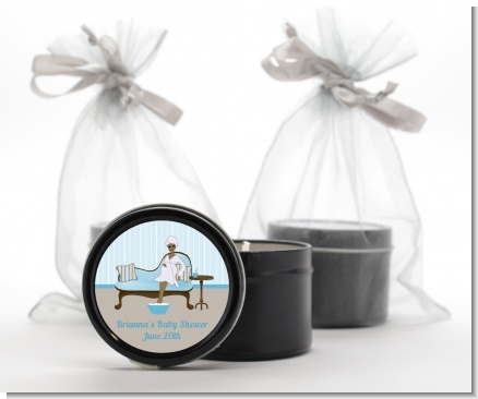 Spa Mom Blue African American - Baby Shower Black Candle Tin Favors