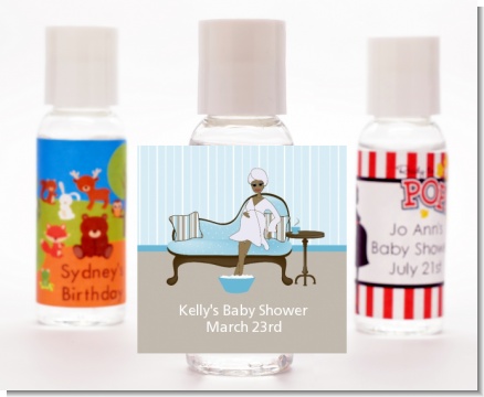 Spa Mom Blue African American - Personalized Baby Shower Hand Sanitizers Favors
