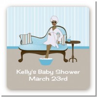 Spa Mom Blue African American - Square Personalized Baby Shower Sticker Labels