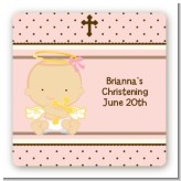 Angel Baby Girl Caucasian - Square Personalized Baptism / Christening Sticker Labels