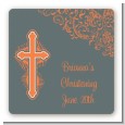 Cross Grey & Orange - Square Personalized Baptism / Christening Sticker Labels thumbnail