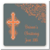 Cross Grey & Orange - Square Personalized Baptism / Christening Sticker Labels