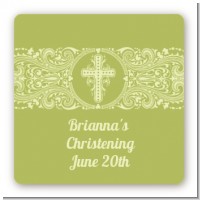 Cross Sage Green - Square Personalized Baptism / Christening Sticker Labels