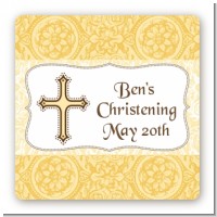 Cross Yellow & Brown - Square Personalized Baptism / Christening Sticker Labels