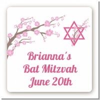 Jewish Star of David Cherry Blossom - Square Personalized Bar / Bat Mitzvah Sticker Labels