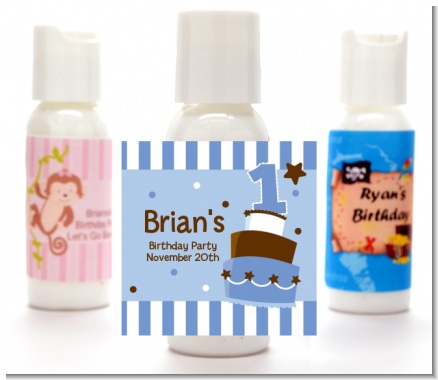 1st Birthday Topsy Turvy Blue Cake - Personalized Birthday Party Lotion Favors
