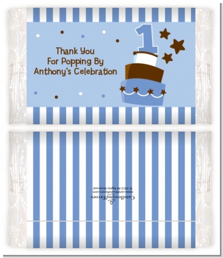 1st Birthday Topsy Turvy Blue Cake - Personalized Popcorn Wrapper Birthday Party Favors