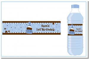 1st Birthday Topsy Turvy Blue Cake - Personalized Birthday Party Water Bottle Labels