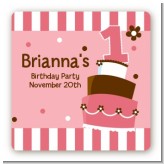 1st Birthday Topsy Turvy Pink Cake - Square Personalized Birthday Party Sticker Labels