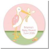 Stork It's a Girl - Round Personalized Baby Shower Sticker Labels