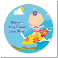 Surf Girl - Round Personalized Baby Shower Sticker Labels
