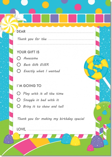 Candy Land - Birthday Party Fill In Thank You Cards