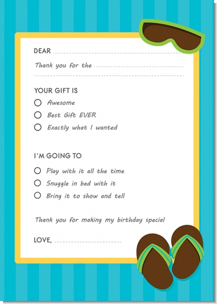 Flip Flops Boy Pool Party - Birthday Party Fill In Thank You Cards