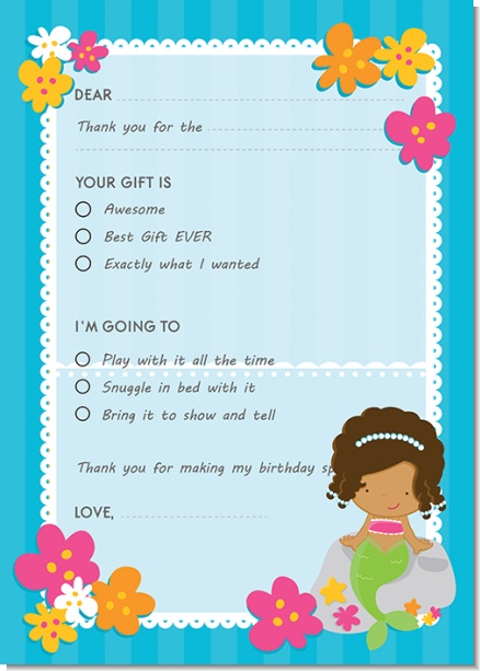 Mermaid African American - Birthday Party Fill In Thank You Cards